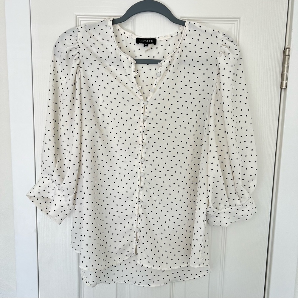 White Polka Dot Button-Front Blouse